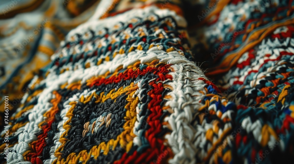Poster Close up of a vibrant multicolored blanket on a neatly made bed. Perfect for home decor or interior design concepts