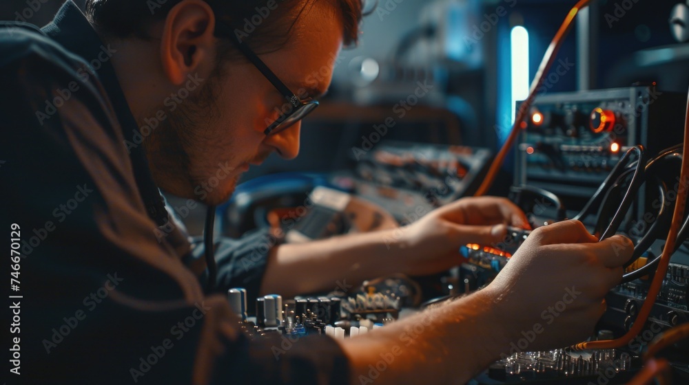 Poster a man working on electronics in a recording studio. suitable for technology or music industry concep