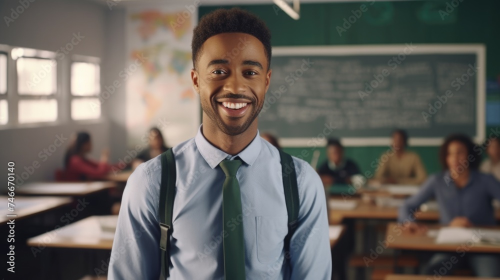 Poster a professional man standing in a classroom. suitable for educational concepts