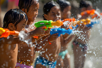 Children use water guns to play Songkran Festival in Thailand.