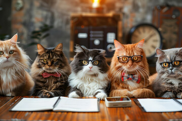 Funny cute cats with teamwork meeting. Business cats in office workplace. - obrazy, fototapety, plakaty