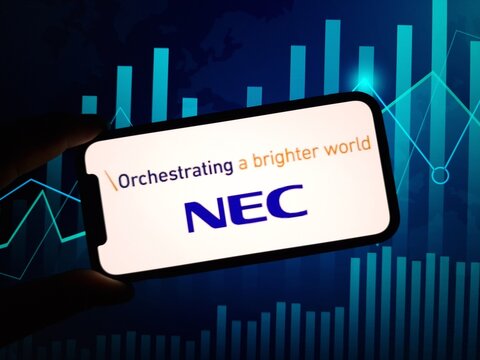 Konskie, Poland - February 24, 2024: NEC Corp company logo displayed on mobile phone