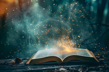 Magic book with open pages and abstract bokeh background.