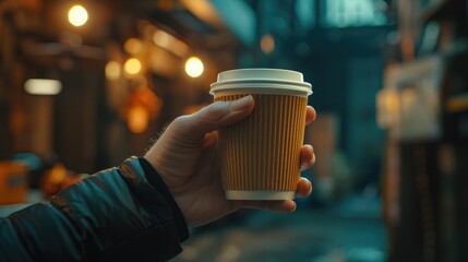 Urban Coffee Break, Man's hand holding takeaway paper coffee cup mock up - obrazy, fototapety, plakaty