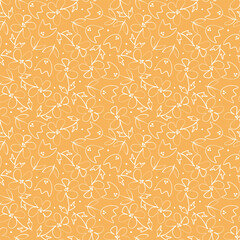 Doodle floral seamless pattern. White daisy and tulip flowers hand drawn on the mustard color background. Vector illustration for print, wallpaper, fabric, background.  