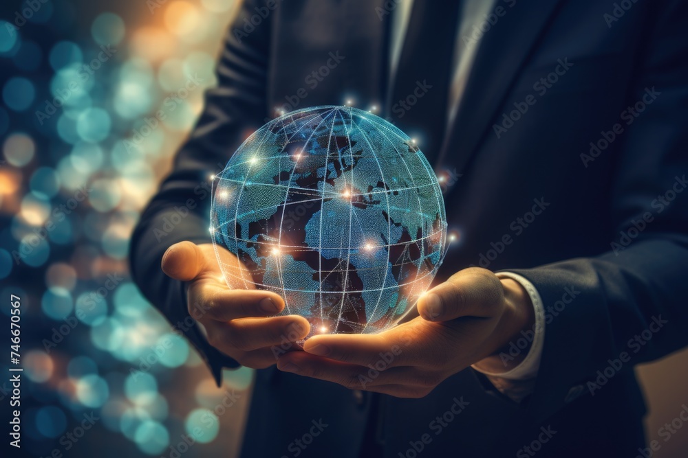 Poster a man in a suit holding a globe. suitable for business concepts