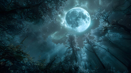 Fototapeta premium photo of a moonlit forest, view from top looking down sparse undergrowth