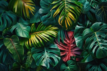 Vibrant green and red tropical leaves perfect for nature-themed designs