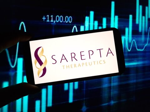 Konskie, Poland - February 24, 2024: Sarepta Therapeutics company logo displayed on mobile phone
