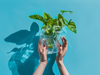 Person holding a plant in a sealed plastic bag representing food safety and allergen control in food packaging - obrazy, fototapety, plakaty