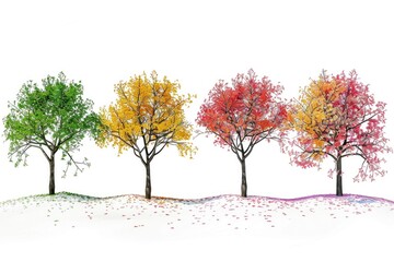 Naklejka na ściany i meble A group of four trees painted in different colors. Ideal for nature or art-themed projects