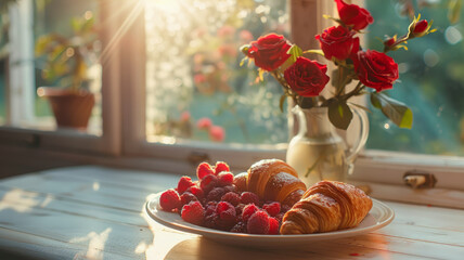 Delicious French raspberry croissant on wooden plate.