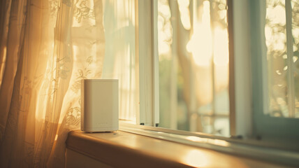 A modern white wireless router in a clean room.