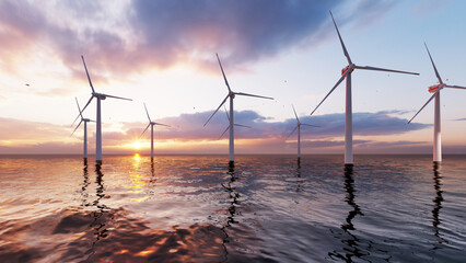 Offshore wind turbines farm on the ocean. Sustainable energy production, clean power. Close-up wind turbine.	
