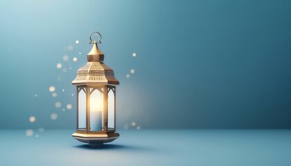 Burning golden lantern on the left on a blue background. Lantern as a symbol of Ramadan for Muslims, banner with space for your own content.