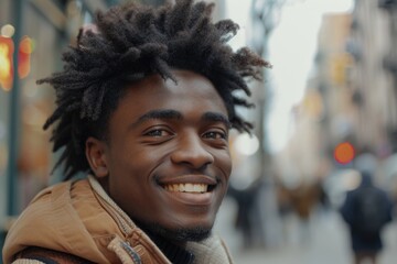 A young man with dreadlocks smiling at the camera. Suitable for lifestyle and fashion concepts