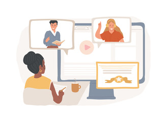 Online education platform isolated concept vector illustration. Elearning platform, online teaching, educational courses, video call, webcam conference, laptop screen, webinar vector concept.