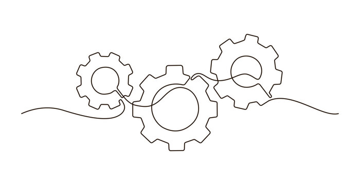 Single continuous line symbol of machine wheel gears vector illustration. Cogwheel one line contour drawing business teamwork concept. Design for poster, card, label, company 