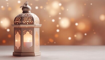 Burning richly decorated lantern on the left on a gold background with bokeh effect. Lantern as a symbol of Ramadan for Muslims, banner with space for your own content.