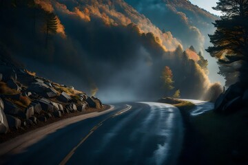 A winding mountain road disappearing into the mist, leading to hidden wonders.