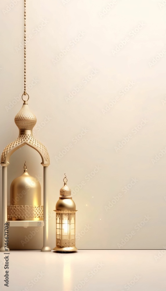 Wall mural burning lantern with rich gold embellishments on the left side on a light background. lantern as a s