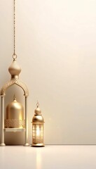 Burning lantern with rich gold embellishments on the left side on a light background. Lantern as a symbol of Ramadan for Muslims, banner with space for your own content.