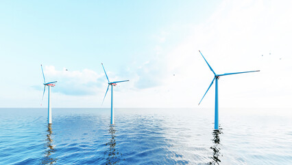 Offshore wind turbines farm on the ocean. Sustainable energy production, clean power. Close-up wind turbine.	
