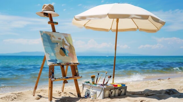 Artistic painting setup under a vibrant beach umbrella, capturing the creativity inspired by the stunning turquoise waters of a tropical beach