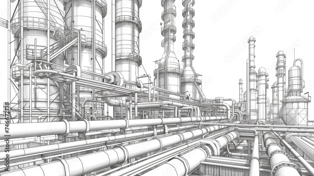 Poster Detailed drawing of a factory with numerous pipes and smokestacks. Suitable for illustrating industrial processes and pollution
