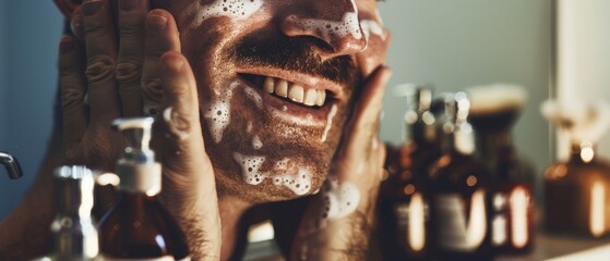 Man smiling with foam on his face, preparing for a shave, with premium grooming products in the background
