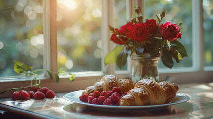 Delicious French pastry and raspberries on plate.