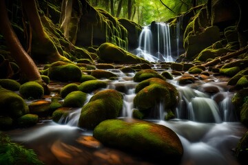 A hidden waterfall cascading down moss-covered rocks, surrounded by a magical aura of tranquility.