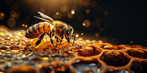 Bee on a honey comb in a hive with blur background - obrazy, fototapety, plakaty