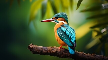 Obraz premium Adorable colorful bright kingfisher with blue feathers sitting on thin branch against green background in nature