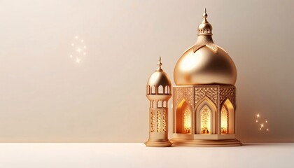 Burning golden mosque-looking decorated lanterns on bright background with bokeh effect. Lantern as a symbol of Ramadan for Muslims, banner with space for your own content.