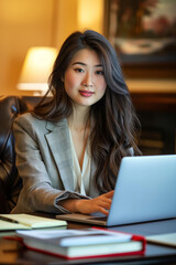 Young Asian businesswoman working on laptop in office setting