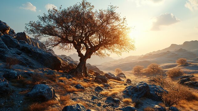 a tree in a desert background with sunlight, influence, light brown and light beige, spectacular backdrops, sparse backgrounds
