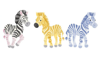 Conjunto de Zebra isolados sobre fundo branco. Ilustração em aquarela.