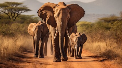 African Bush Elephants - Loxodonta africana family walking on the road in wildlife reserve.