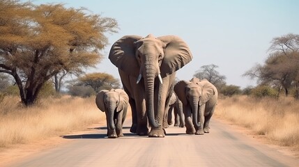 African Bush Elephants - Loxodonta africana family walking on the road in wildlife reserve. - obrazy, fototapety, plakaty