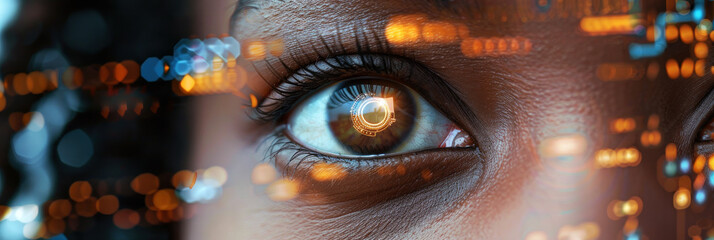 Banner with close-up of a woman's eye with digital overlay