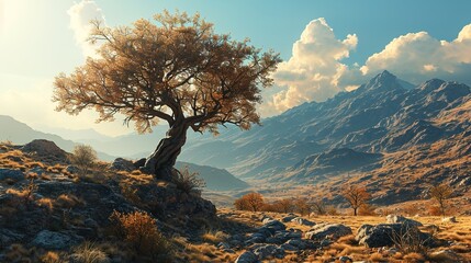a tree is standing in a desert landscape, light gold and beige, orientalist imagery, sharp/prickly, influence, natural symbolism, science-fiction lands