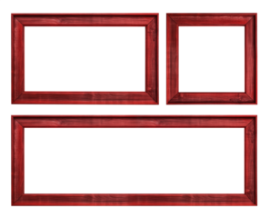Simple red wood frame. Various shapes and sizes. Square, retangular, extra wide. Transparent background PNG. Minimalism simple rustic wooden frame. Made of wood and painted in red.