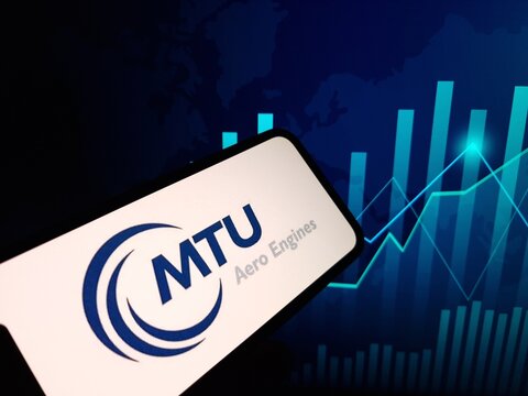 Konskie, Poland - February 24, 2024: MTU Aero Engines company logo displayed on mobile phone