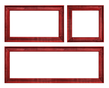Simple red wood frame. Various shapes and sizes. Square, retangular, extra wide. Transparent background PNG. Minimalism simple rustic wooden frame. Made of wood and painted in red.