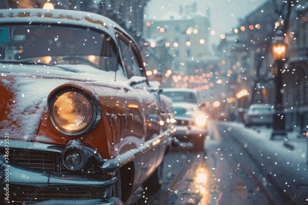 Poster Vintage car parked on snowy street, perfect for winter themes