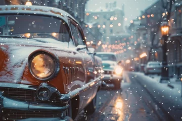 Zelfklevend Fotobehang Vintage car parked on snowy street, perfect for winter themes © Fotograf