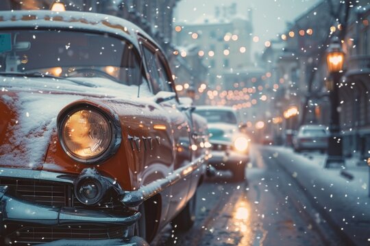Fototapeta Vintage car parked on snowy street, perfect for winter themes