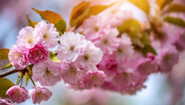 beautiful branch of a pink cherry full blossoms flowers macro horizontal photography summer and spring backgrounds soft blurred focus