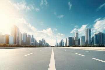 City skyline in the background of empty highway, ideal for urban concepts